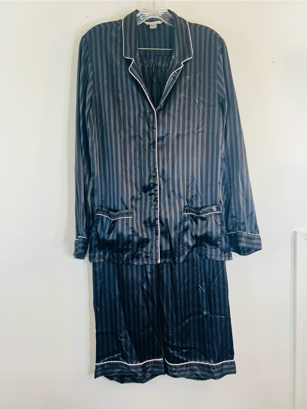 Victoria's Secret Navy and Black Striped Satin Pajama Set with White Piping